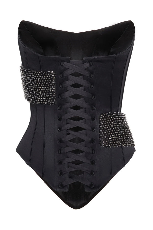 Fashionable Color-blocked Rhinestone Sleeveless Off-shoulder Fitted Top