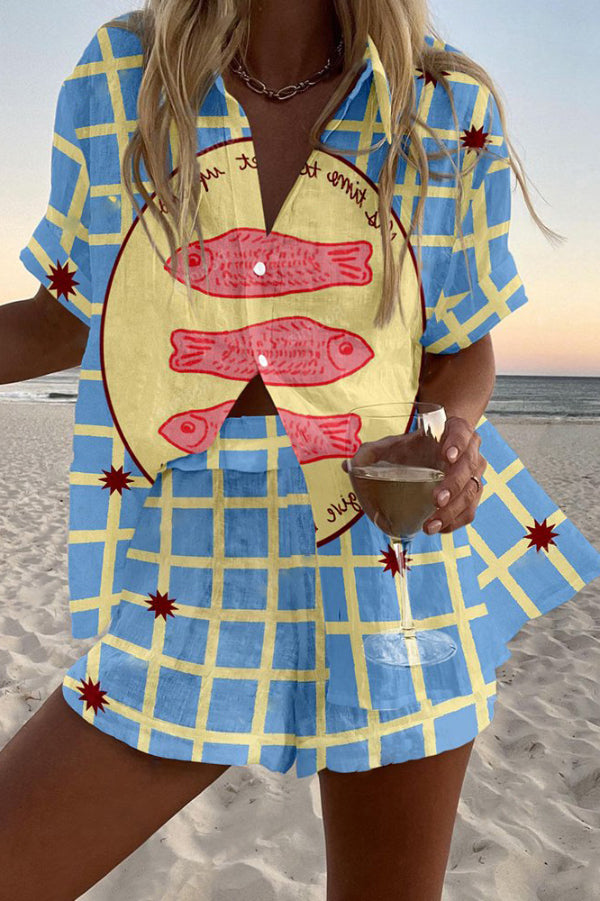 Checkered Fish Print Loose Button Elastic Waist Shorts Set
