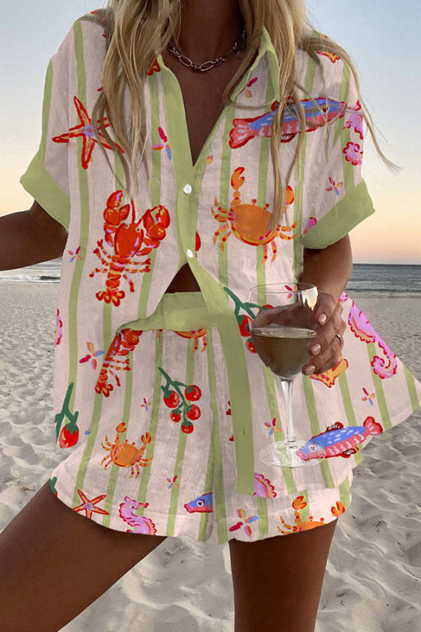Lobster and Crab Print Loose Button Elastic Waist Shorts Set