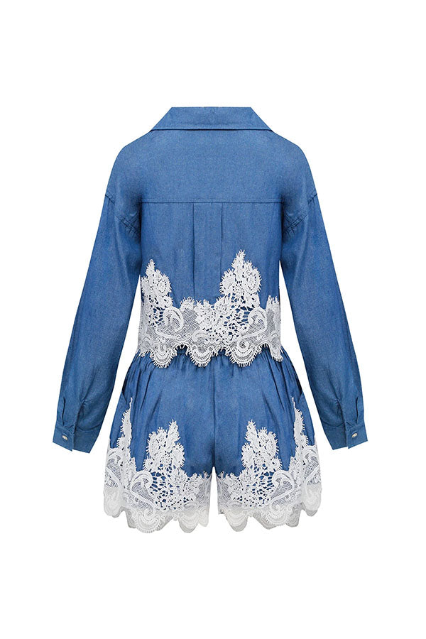 Nasha Denim Lace Trim Button Long Sleeve Shirt and High Rise Pocket Wide Leg Shorts Set