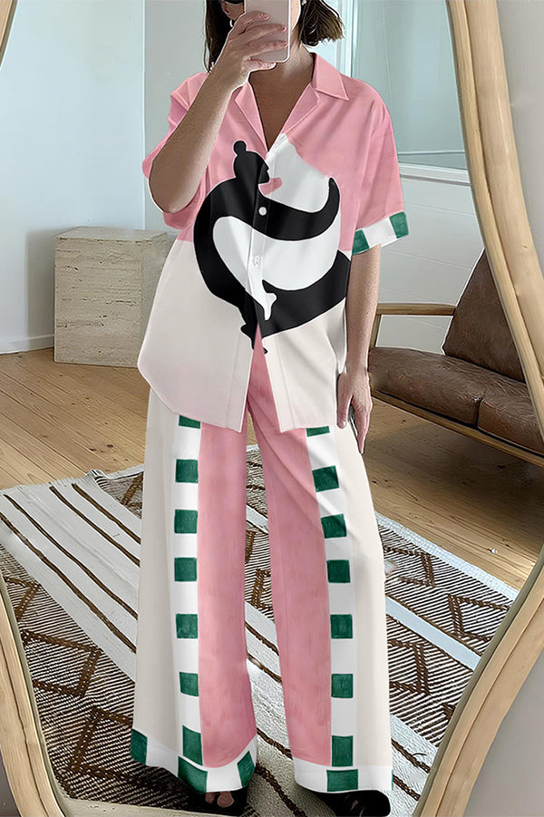 Art Embrace Print Oversized Blouse and Elastic Waist Pocketed Pants Set