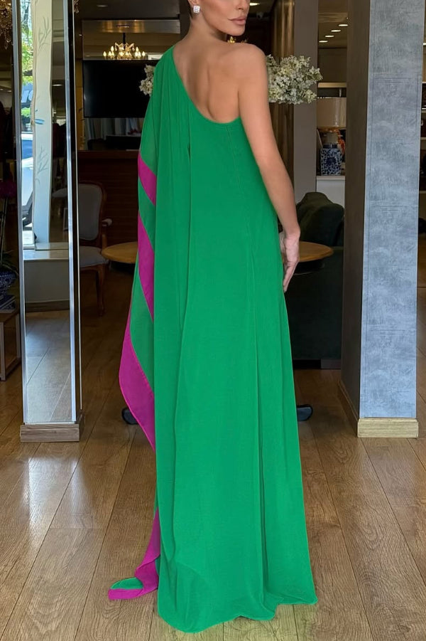 Fashionable Vacation Chiffon Color-blocked One Shoulder Loose Maxi Dress