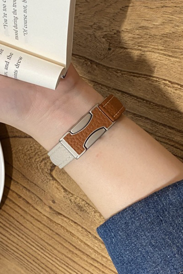 Fashionable Genuine Leather Lychee Pattern Double C Magnetic Buckle Watch Strap