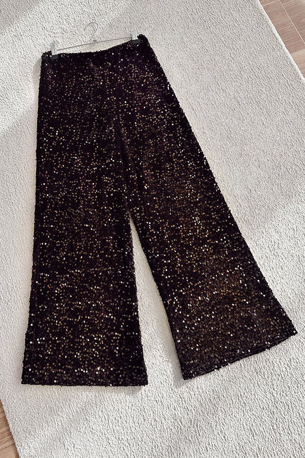 Chic and Merry Velvet Sequin High Rise Elastic Waist Flare Pants