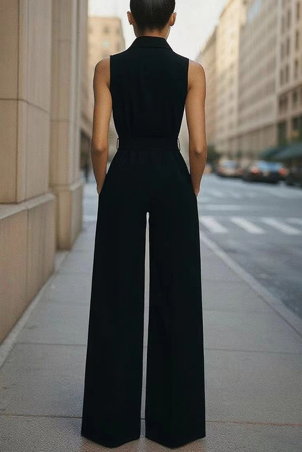 Fashion Lapel Sleeveless High Waist Tie Casual Pocket Wide Leg Jumpsuit