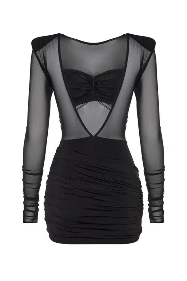 Sexy Mesh See-through Long-sleeved Backless Pleated Rompers