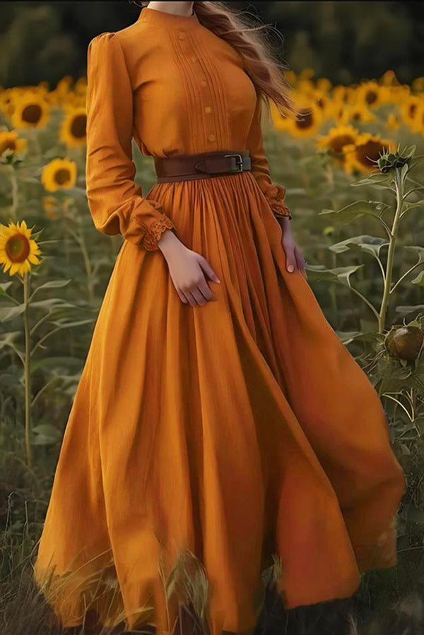 Solid Color Casual Long-sleeved Belted Maxi Dress