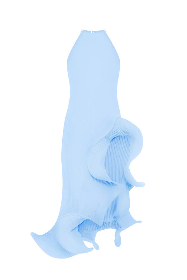 Butter Summer Pleated Sleeveless Waist Tie Irregular Ruffle Dimensional Hem Midi Dress