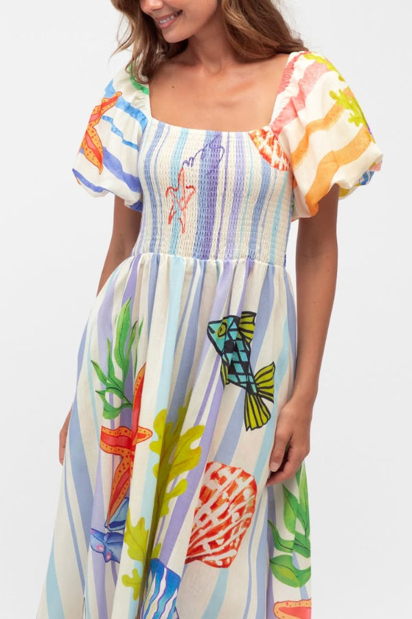 Marine Creature Print Square Neck Puff Sleeve Pleated Casual Pocket Maxi Dress