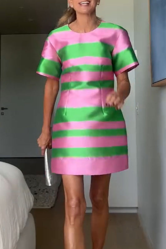 Fun and Colourful Satin Color Block Short Sleeve Loose Mini Dress