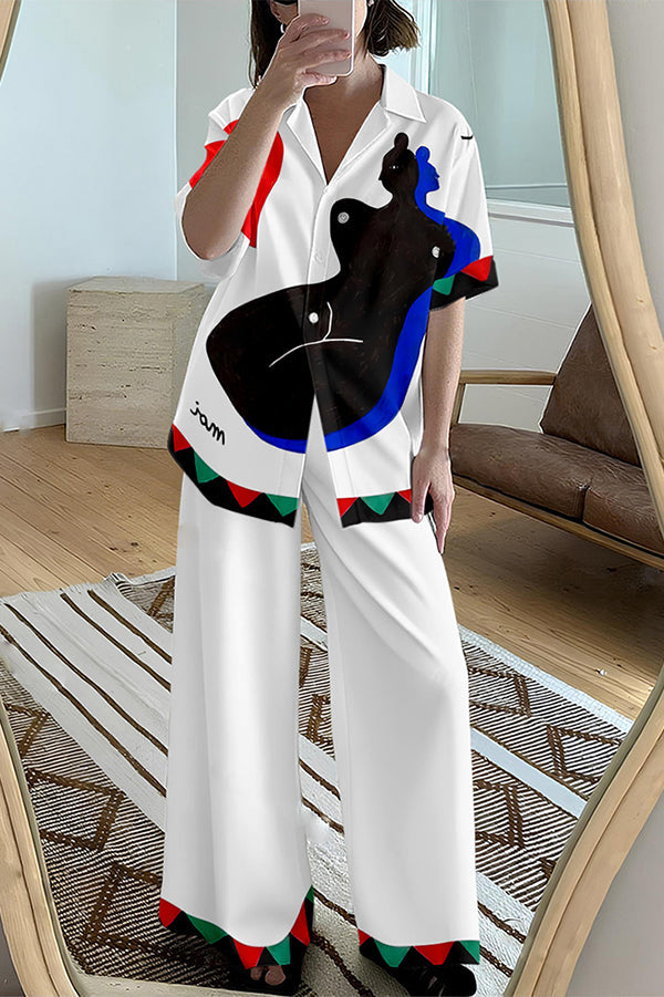 Abstract Body Print Oversized Blouse and Elastic Waist Pocketed Pants Set