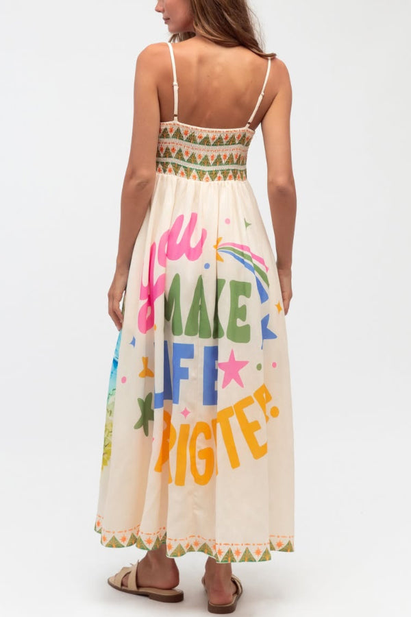 Unique Printed Spaghetti Strap Pleated Casual Maxi Dress