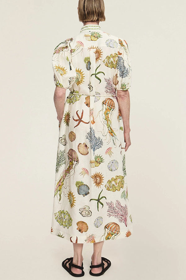 Beach Shell Print Puff Sleeve Tie-Waist Casual Midi Dress