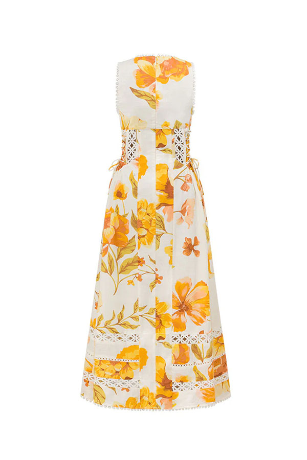 Clover Linen Blend Floral Print Cutout Trim Button Up Side Lace-up Maxi Dress