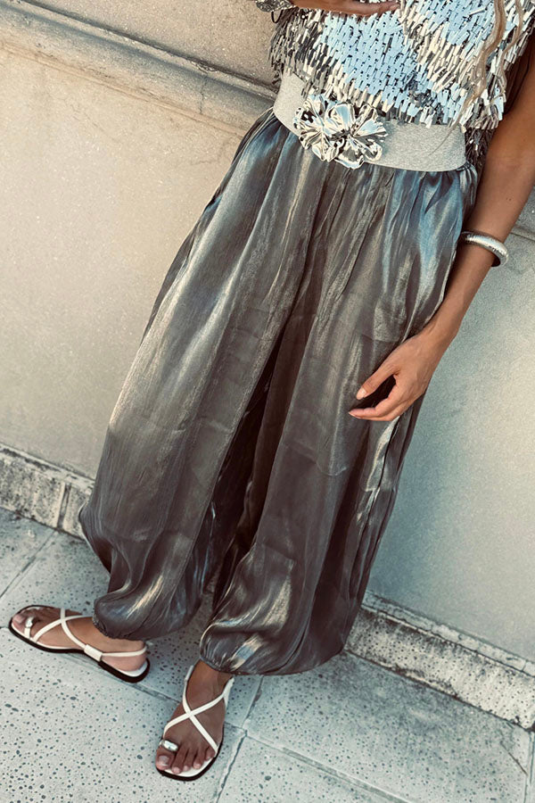 Chic Moment Glittery Fabric High Rise Elastic Wst Pocket Bubble Hem Pants