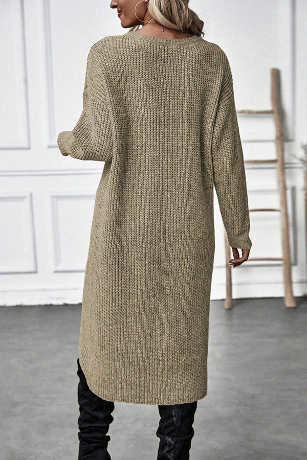 Solid Color Round Neck Long Sleeve Loose Slit Knitted Sweater