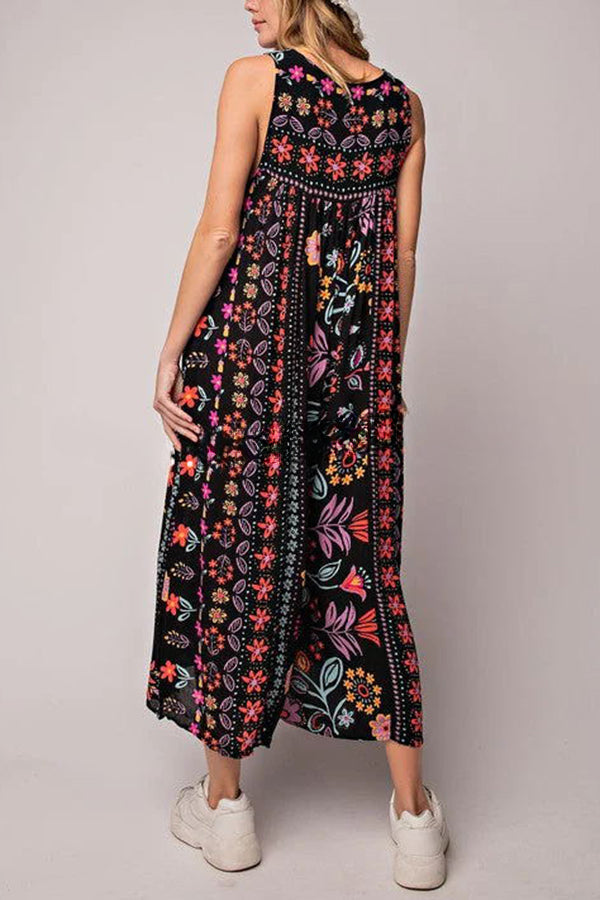 Vintage Boho Floral Print Pocketed Loose Jumpsuit