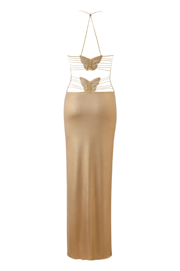 Fashionable Metallic V-neck Backless Butterfly Fitted Maxi Dress