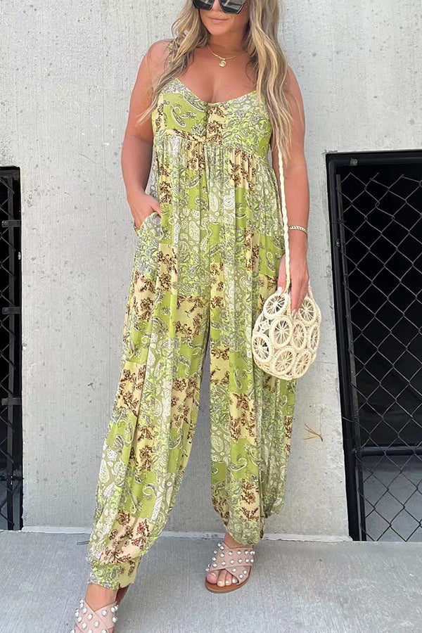 Wiles Patchwork Print Pocketed Back Smocked Loose Jumpsuit