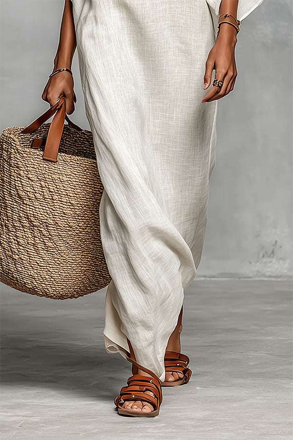 Bella Linen Blend Striped Print Off Shoulder Half Wide Sleeve Loose Maxi Dress