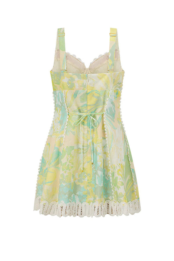 Stelle Linen Blend Floral Print Crochet Zig Zag Trim Back Lace-up Mini Dress