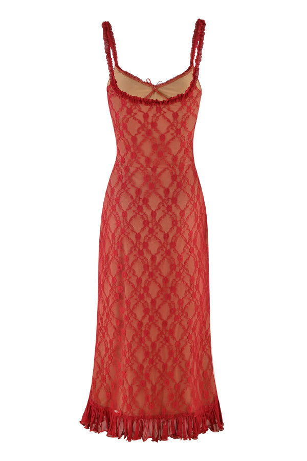 Stylish Plaid Camisole Lace Slim-fit Elegant Midi Dress