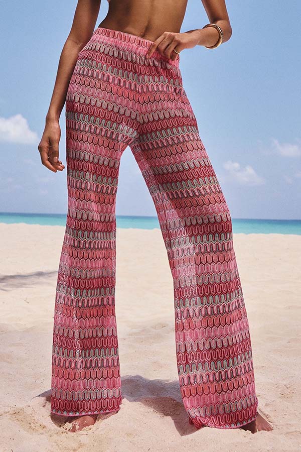 Beach Style Knit Unique Print Long Sleeve Kimono Shirt and Stretch Wide Leg Pants Set