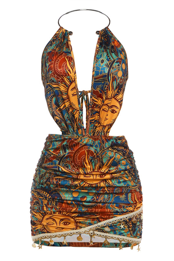 Unique Print Halter Neck Backless Tie Fitted Mini Dress