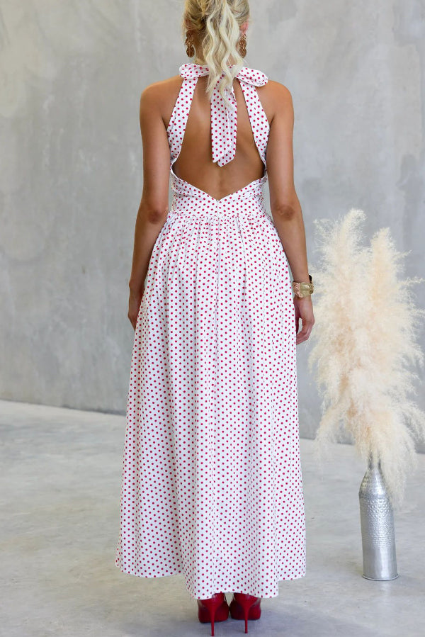 Polka Dot Print Halter Neck Fitted Waist Holiday Maxi Dress