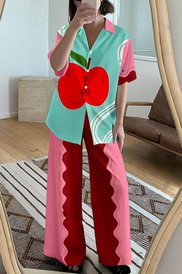 Apple Print Oversized Blouse and Elastic Waist Pocketed Pants Set