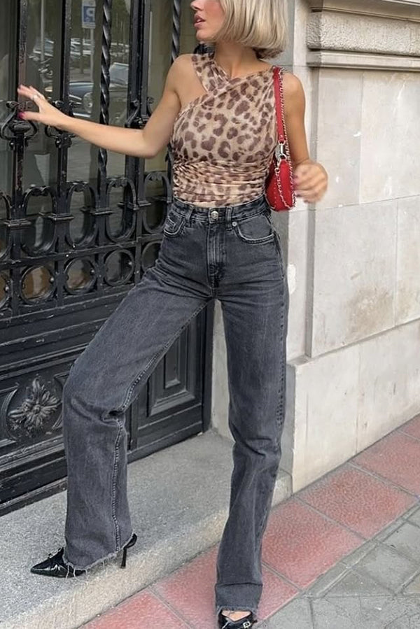 Leopard Print Asymmetric Mesh Pleated Slim-fit Rompers