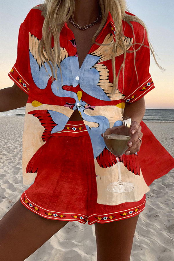 Blue Bird Print Loose Button Elastic Waist Shorts Set