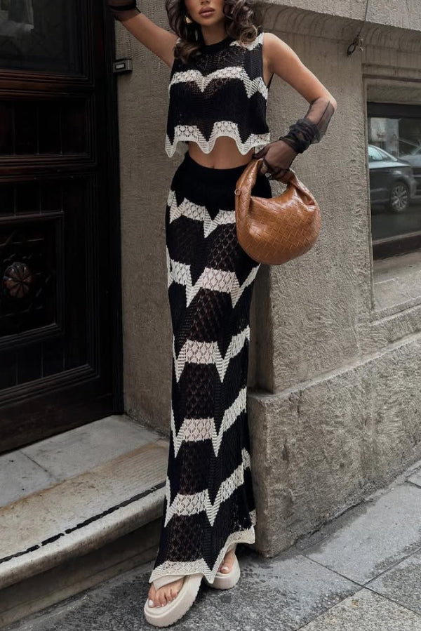 Black and White Color-blocked Sleeveless Cropped Top and Stretchy Knit Maxi Skirt Set