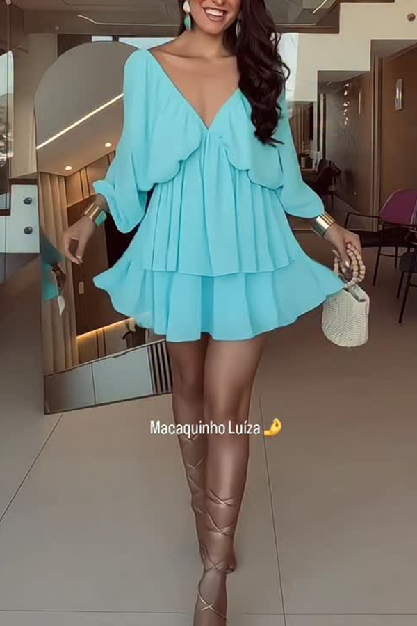 Verne Chiffon Batwing Sleeve Elastic High Waist Layered Hem Loose Mini Dress