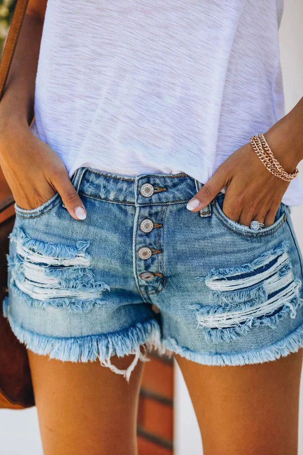 Trendy Ripped Fringed Denim Shorts