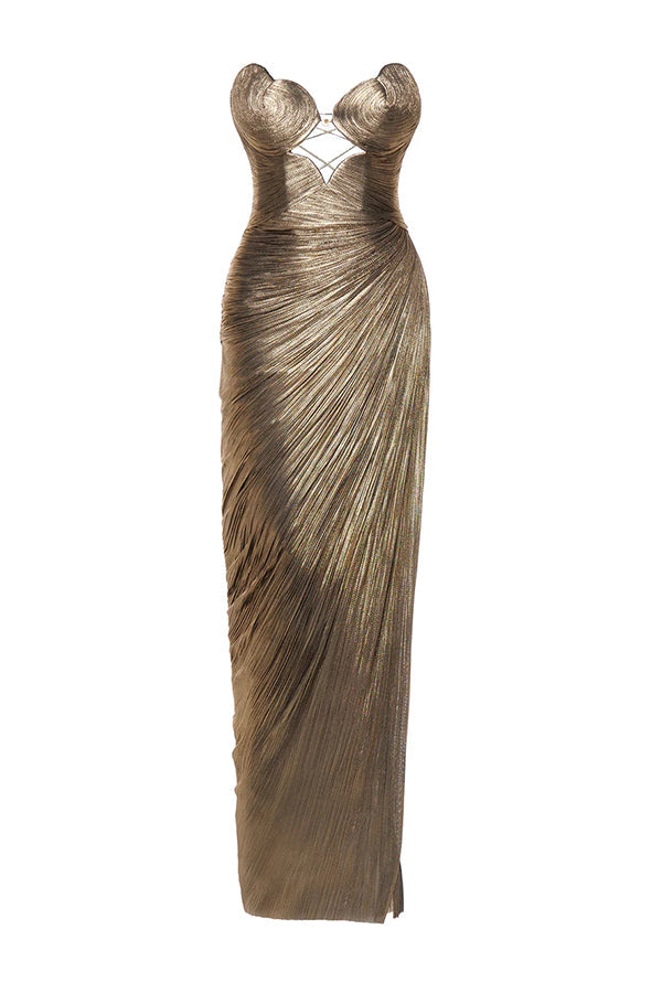 Amisha Metallic Pleated Shell Cups Hollow Gold Pendant Strapless Drape Slit Maxi Dress