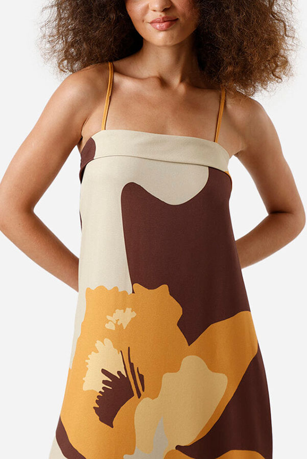 Light Breeze Color-block Floral Print Adjustable Strap H-line Midi Dress