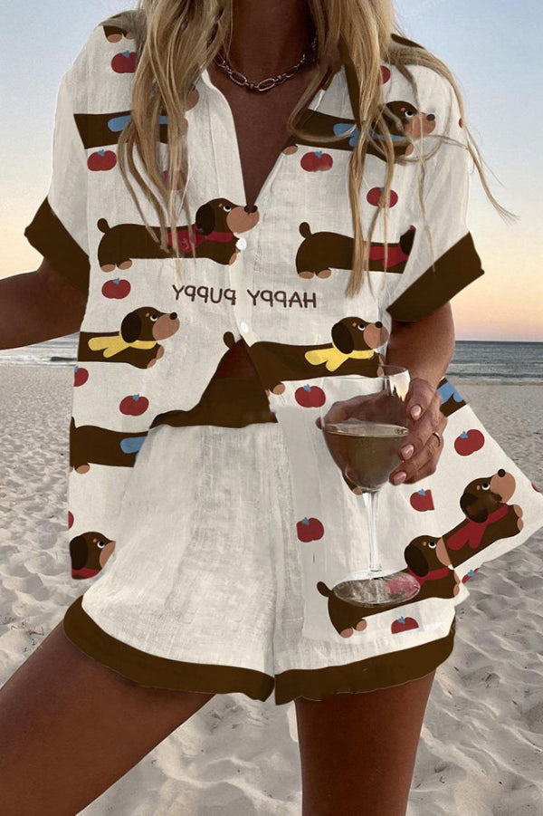 Dachshund Print Loose Button Elastic Waist Shorts Set
