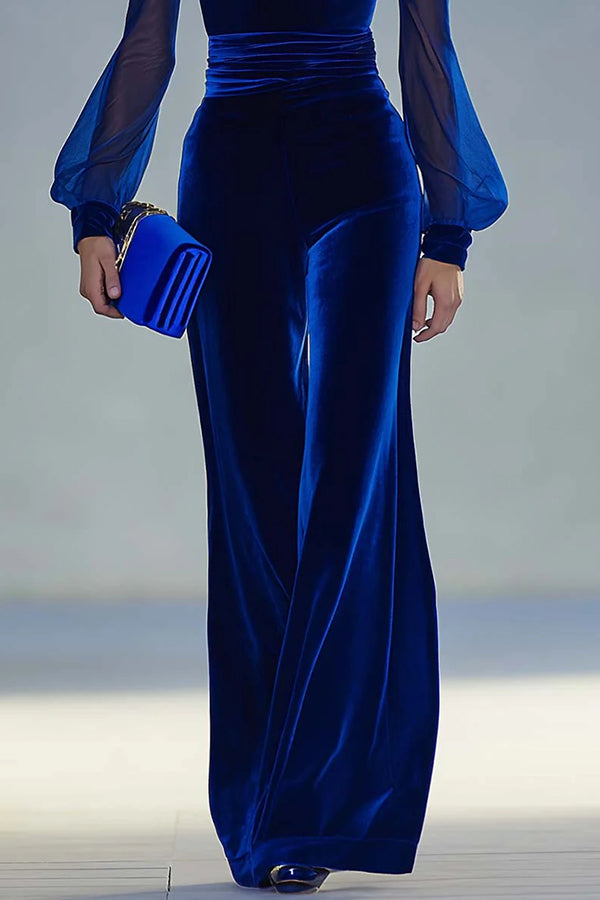 Solid Color Velvet V-neck Long-sleeved Elegant Fitted Jumpsuit