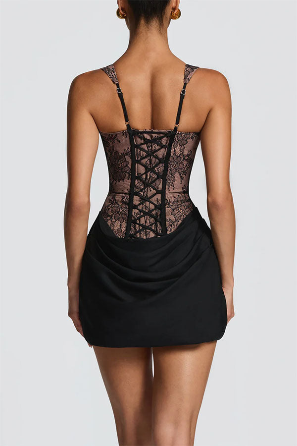 Cornelia Floral Lace Contrast Structural Detail Back Lace-up Satin Hem Mini Dress