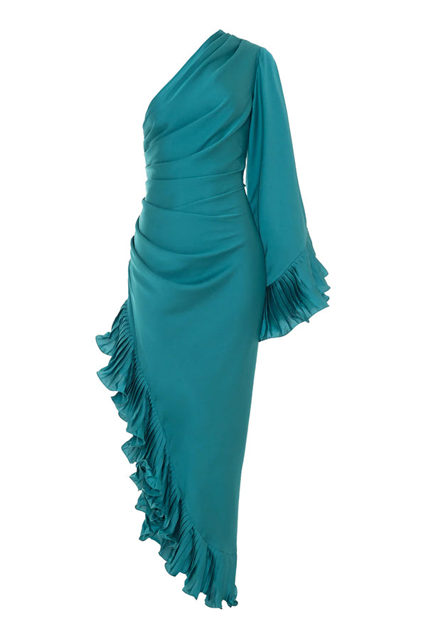 Elegant Satin One Shoulder Sleeve Pleated Ruffles Trim Ruched Asymmetrical Maxi Dress