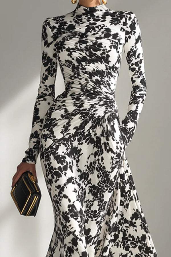 Black and White Color-blocked Printed Long-sleeved Pocket Slim-fit Pleated Maxi Dress
