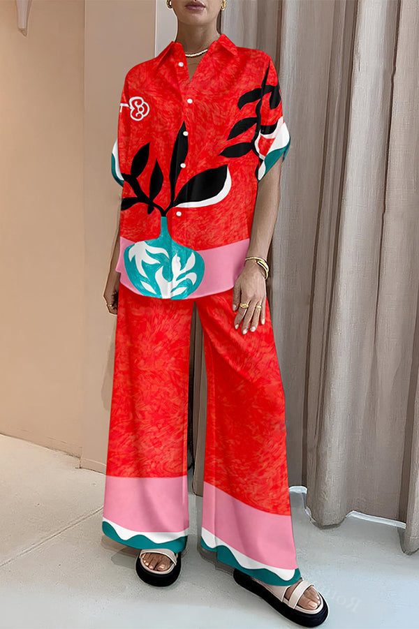 Abstract Vase Print Oversized Blouse and Elastic Waist Pocketed Pants Set