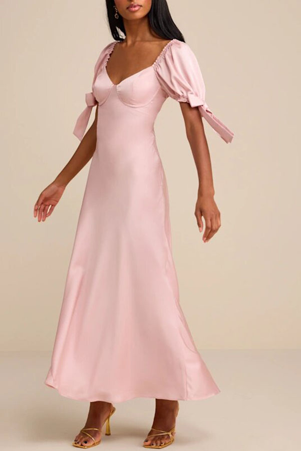 Sweet Date Satin Puff Sleeve Bow Drape Flare Maxi Dress