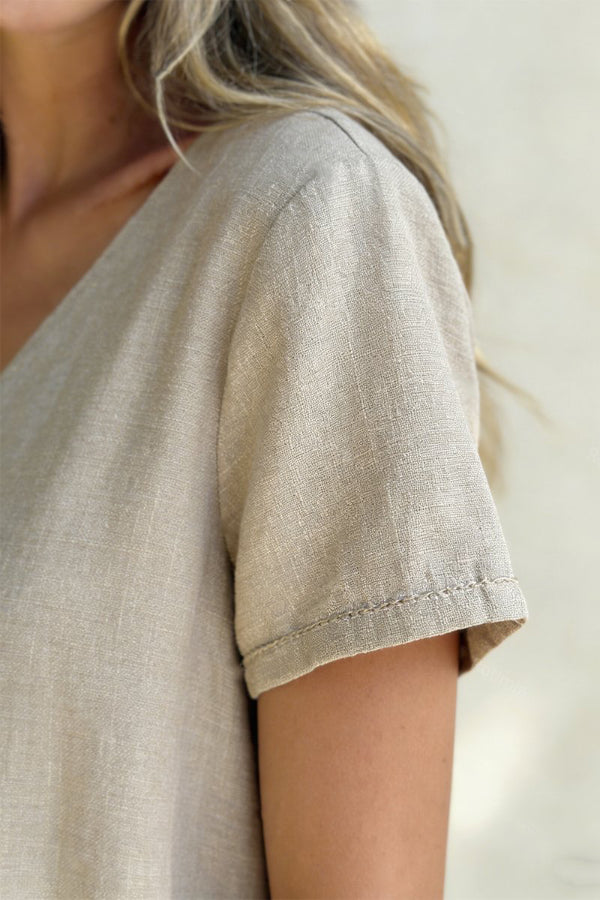 Linen Blend Crew Neck Short-sleeved Top and Elastic Waist Casual Pocket Pants Set