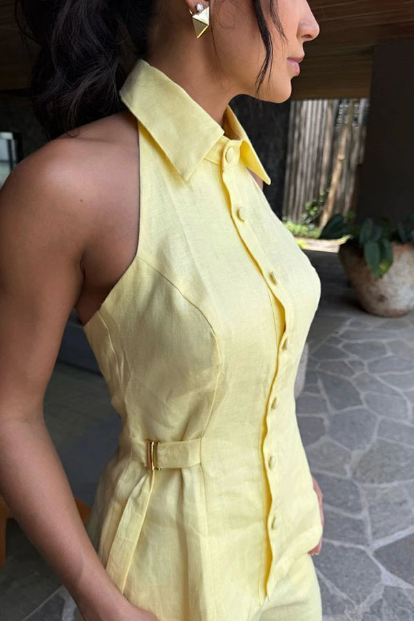 Gracelin Linen Blend Button Sleeveless Side Belt Halter Blouse and Elastic Waist Loose Pants Set