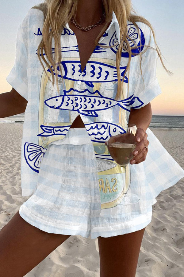 Line Sardine Print Loose Button Elastic Waist Shorts Set