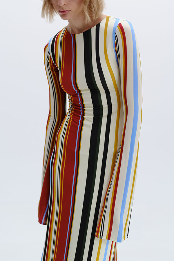 Vibrant Holiday Colorful Striped Print Extra Long Sleeve Fitted Flared Maxi Dress