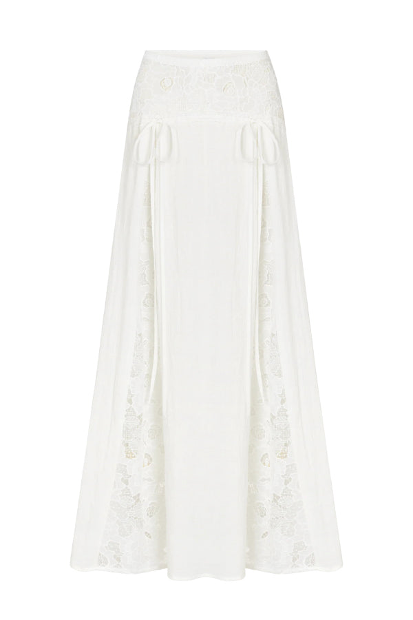 Solid Color Pleated Tie-front Top and Elegant Patchwork Lace Openwork Maxi Skirt Set