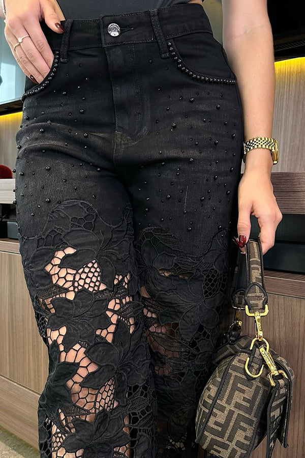 Fashionable Openwork Lace Patchwork Wide-leg Jeans